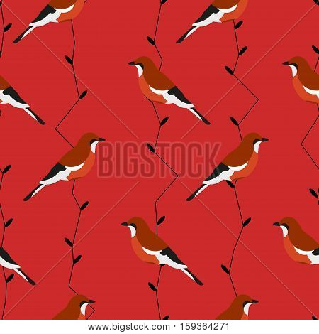 Seamless pattern with jay and branches. Ornament for textile and wrapping. Vector background.