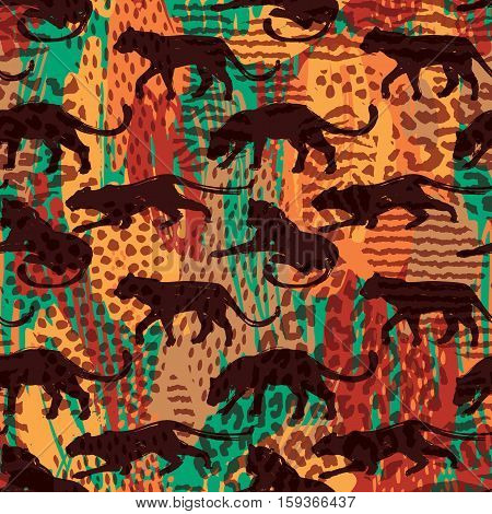 Seamless exotic pattern with abstract silhouettes of animals. Vector hand draw illustration.