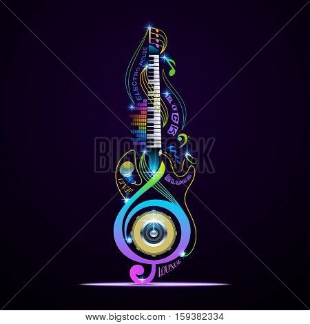 Colorful musical instruments collage. Vector concept for live rock jazz blues lounge electronic.