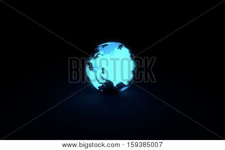 Abstract 3d model of blue glowing earth globe on black background. Front Eurasian continent
