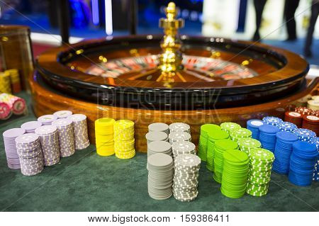Wooden Casino Roulette And Chips
