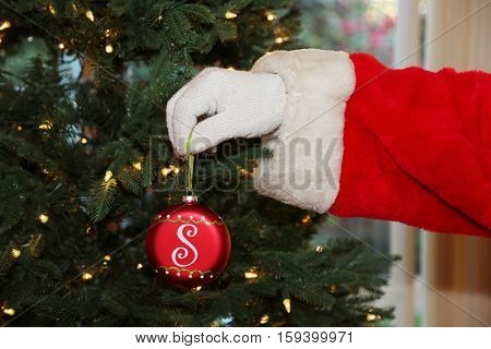 Santa Claus prepares a Christmas Tree with Lights and ornaments for Christmas at a persons house. Santa Loves xmas. x-masTree.   Santa Claus setting.