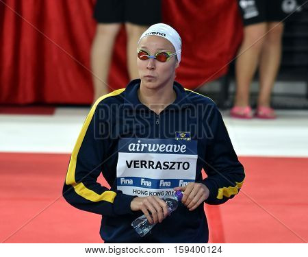 Hong Kong China - Oct 29 2016. Olympian swimmer Evelyn VERRASZTO (HUN) at the start in Women's Freestyle 200m Final. FINA Swimming World Cup Finals Victoria Park Swimming Pool.
