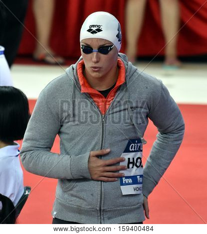 Hong Kong China - Oct 29 2016. Olympic world and European champion World record holder swimmer Katinka HOSSZU (HUN) at the start in Women's Freestyle 200m Final. FINA Swimming World Cup Finals.