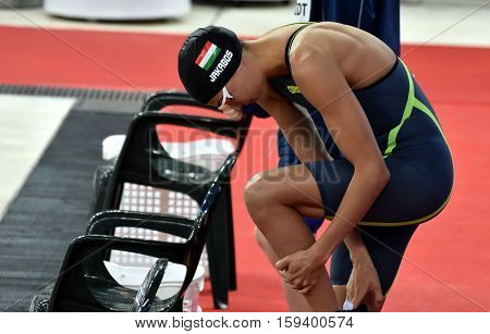 Hong Kong China - Oct 29 2016. Olympian swimmer Zsuzsanna JAKABOS (HUN) at the start in Women's Freestyle 200m Final. FINA Swimming World Cup Finals Victoria Park Swimming Pool.