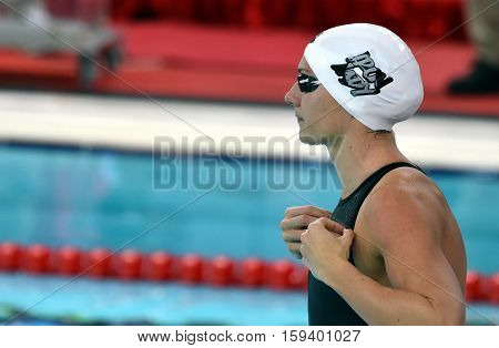 Hong Kong China - Oct 29 2016. Olympic world and European champion World record holder swimmer Katinka HOSSZU (HUN) at the start in Women's Freestyle 200m Final. FINA Swimming World Cup Finals.