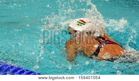 Hong Kong China - Oct 29 2016. Olympian swimmer Evelyn VERRASZTO (HUN) at swimming in Women's Freestyle 200m Final. FINA Swimming World Cup Finals Victoria Park Swimming Pool.
