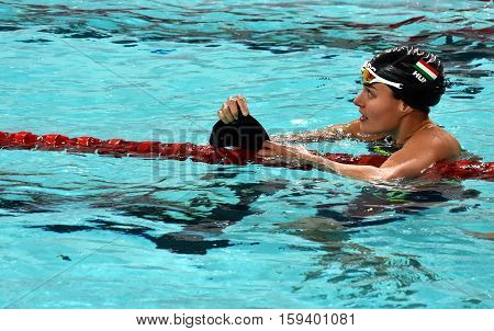 Hong Kong China - Oct 29 2016. Olympian swimmer Zsuzsanna JAKABOS (HUN) after the Women's Freestyle 200m Final. FINA Swimming World Cup Finals Victoria Park Swimming Pool.