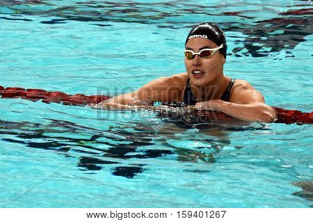 Hong Kong China - Oct 29 2016. Olympian swimmer Zsuzsanna JAKABOS (HUN) after the Women's Freestyle 200m Final. FINA Swimming World Cup Finals Victoria Park Swimming Pool.