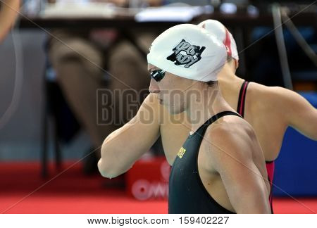 Hong Kong China - Oct 29 2016. Olympic world and European champion World record holder swimmer Katinka HOSSZU (HUN) at the start in Women's Butterfly 100m Final. FINA Swimming World Cup Finals.