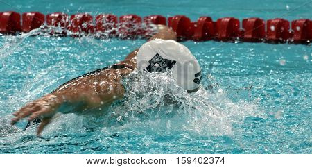 Hong Kong China - Oct 29 2016. Olympic world and European champion World record holder swimmer Katinka HOSSZU (HUN) swimming in Women's Butterfly 100m Final. FINA Swimming World Cup Finals.