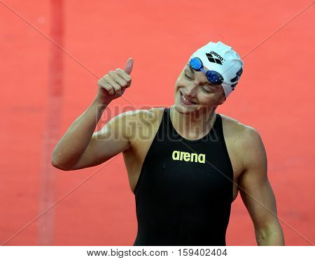Hong Kong China - Oct 29 2016. Olympic world and European champion World record holder swimmer Katinka HOSSZU (HUN) after the Women's Butterfly 100m Final. FINA Swimming World Cup Finals.