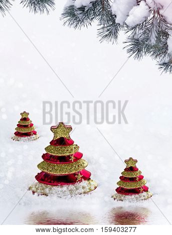 Glass toy Christmas tree in snow. New Year card.