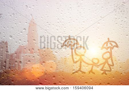Draw Family Dad Mum And Child Hand With Umbrella In The Raining