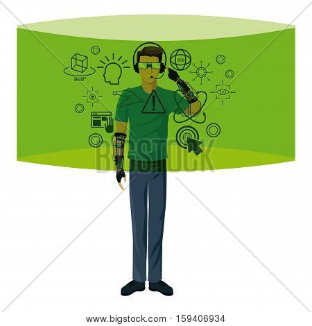 character man vr reality glasses wired glove cyber world vector illustration eps 10
