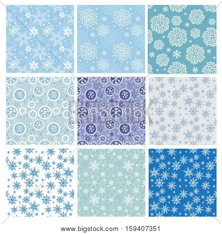 Set of Winter seamless backgrounds with snowflakes.