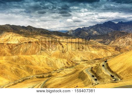 Aerial view of Zigzag road - famously known as jilabi road at old route of Leh Srinagar Highway Ladakh Jammu and Kashmir India