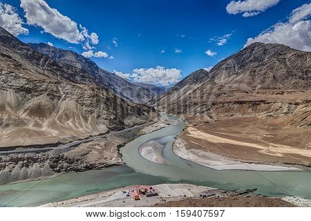 Scenic view of Confluence of Zanskar and Indus rivers - Leh Ladakh Jammu and Kashmir India