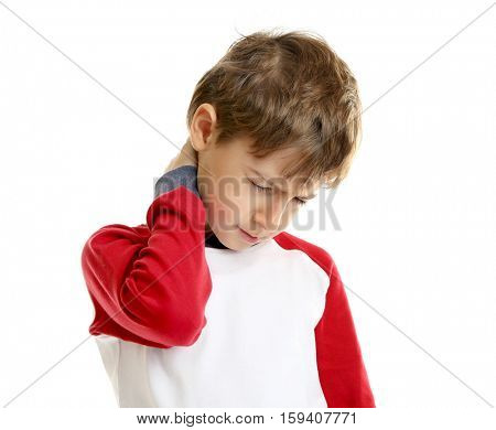 Cute little boy having neck pain, isolated on white