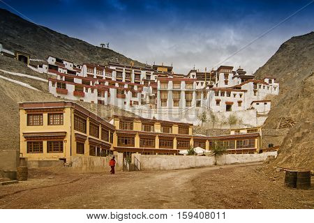 Rizong monastery with view of Himalayan mountians - it is a famous Buddhist temple inLeh Ladakh Jammu and Kashmir India.