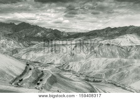 Aerial view of Zigzag road - famously known as jilabi road at old route of Leh Srinagar Highway Ladakh Jammu and Kashmir India. Filtered image