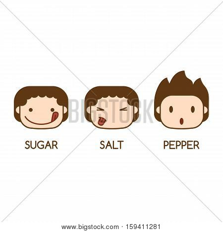 Ingridient stickers. Funny flat avatar. Sugar, salt and  pepper
