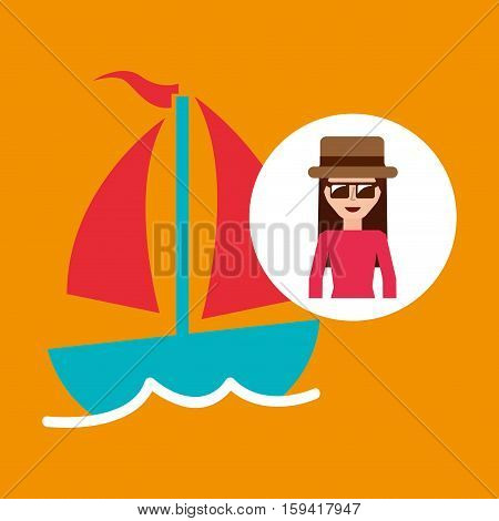 toursit female hat sunglasses sailboat vector illustration eps 10