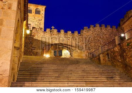 Caceres Arco de la Estrella Star arch sunset in Spain entrance to monumental city