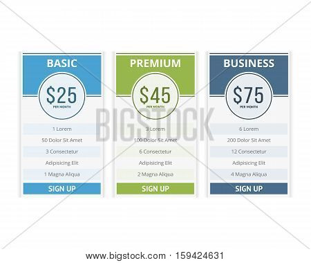 Pricing table template with three plans for websites, vector eps10 illustration