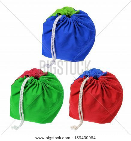 Colorful Cloth Drawstring Bags on White Background