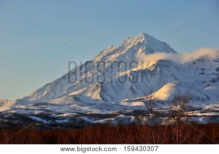 Winter volcano on the Kamchatka Peninsula Russia.