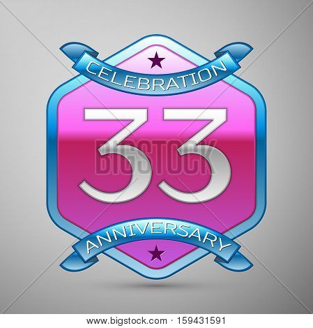 Thirty three years anniversary celebration silver logo with blue ribbon and purple hexagonal ornament on grey background.