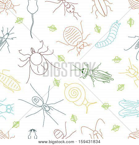 Seamless pattern of pest insects and damaged leaves on white background in linear style. Parasitic beetle concept. Perfect for exterminator service and pest control companies. Vector illustration.