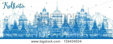 Outline Kolkata Skyline with Blue Landmarks. Business Travel and Tourism Concept with Historic Architecture. Image for Presentation Banner Placard and Web Site.