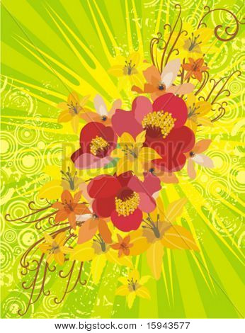 与 lightrays 和 grunge 细节、 矢量插图系列的花卉背景。