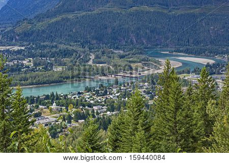 A view of Revelstoke townsite and bridges crossing the Columbia River Revelstoke British Columbia Canada