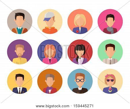 Set of portraits for avatars or userpics in different clothes and hairstyles in flat design. People icons set without facial features. Cartoon man and women character collection. Vector illustration.