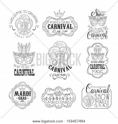 Set Of Hand Drawn Monochrome Mardi Gras Event Promotion Signs In Pencil Sketch Style With Calligraphic Text And Detailed Vintage Frames. Theatre Festival Artistic Labels Design Templates Collection In Black And White Color Vector Illustrations.