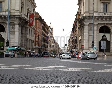 ROME, ITALY - JUNE 12, 2015: Via Nazionale is a street in Rome from Piazza della Repubblica leading towards Piazza Venezia.
