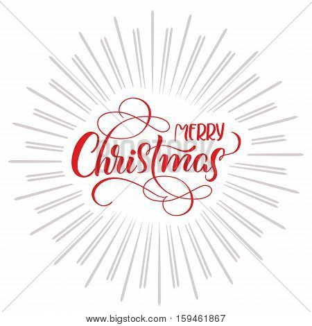 Merry Christmas text and abstract background with rays. Calligraphy lettering.