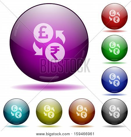 Euro Rupee exchange color glass sphere buttons with shadows.