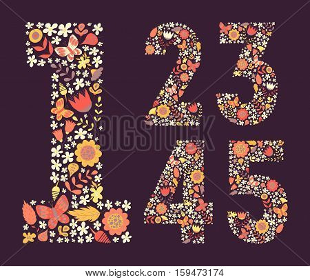 Cute floral vintage numbers set. Doodle flowers leaves butterflies in shapes. Decoration for cards kid's illustrations invitation wedding greeting. 1 2 3 4 5. Vector illustration.