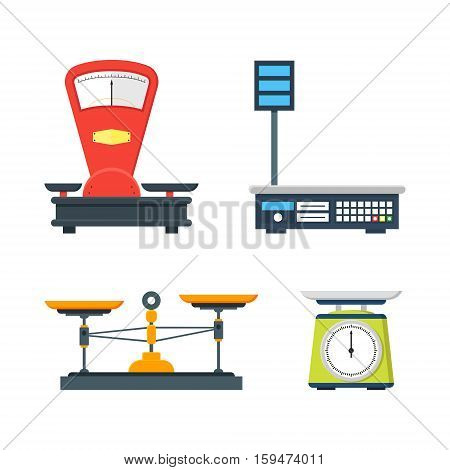 Flat store weigher. Collection of electronic and mechanical scales for shop. Business sale objects. Measurement of grocery products. Isolated on white vector illustration.
