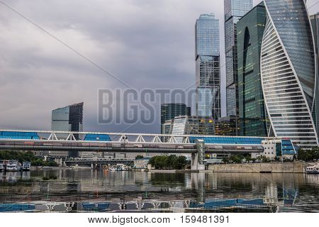 Skyscrapers of Moscow city business center in evening.