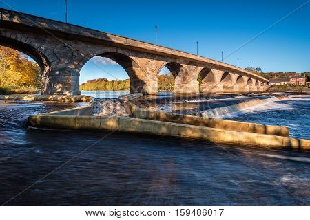 Hexham Bridge and Fish Pass, on the weir below the bridge will help returning salmon migrate up the River Tyne
