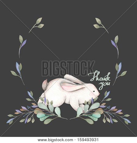 Illustration, wreath with watercolor rabbit and green branches, hand drawn isolated on a dark background, invitation, greeting card
