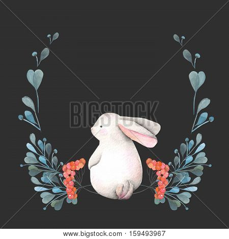 Illustration, wreath with watercolor rabbit, green branches and red berries, hand drawn isolated on a dark background, invitation, greeting card