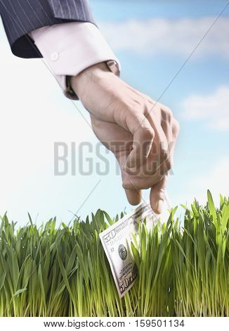 Closeup of a businessman picking up fifty dollar bill from grass against the sky
