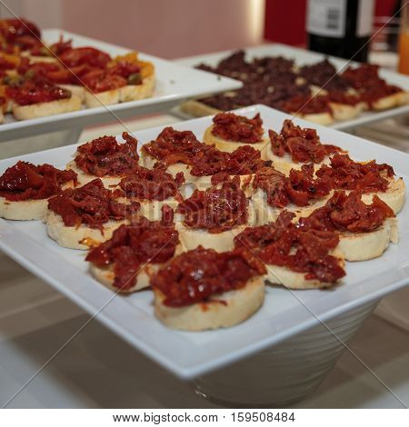 Slices Of Bread With Tomato Sauce With Pieces, Italian Snack