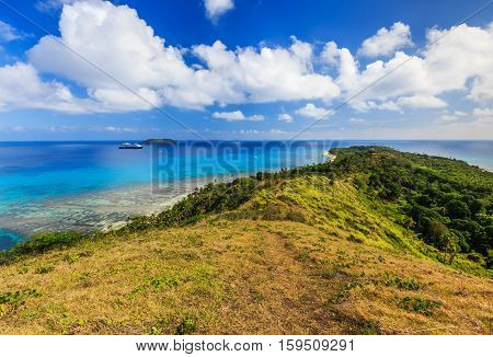 Dravuni Island Fiji. Panoramic view of the island in the South Pacific ocean.